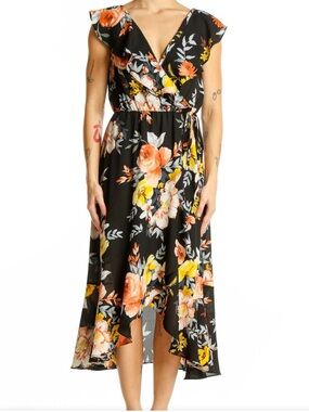 Socialite Black Floral Wrap Midi Dress Ruffle High Low Summer Wedding Small S